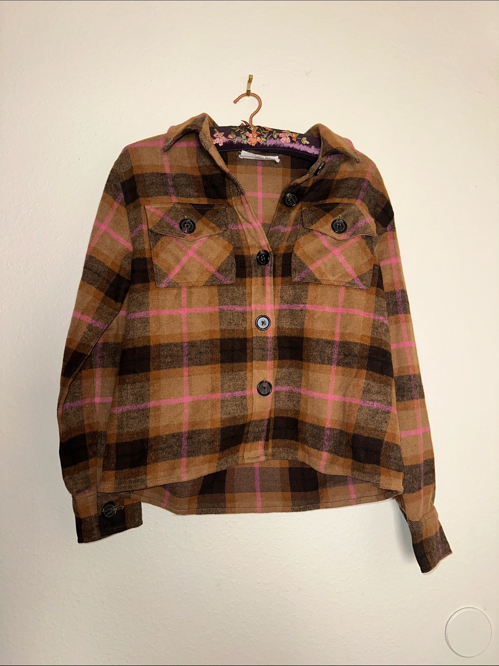 BB Dakota by Steve Madden Brown Plaid Button-Down Shirt Jacket with Pink Accents